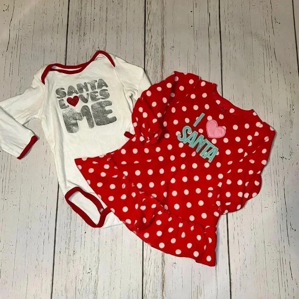 Carter’s Santa long sleeve bodysuit/ Red polka dot nightgown size 18 months